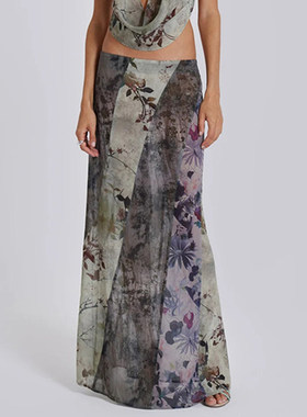 SWEETOWN清冷感#新中式植卉印花拼接半裙森系古着小众直筒长裙女