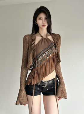 SWEETOWN阿勒泰#废土民族风复古流苏挂脖吊带镂空喇叭袖绑带开衫