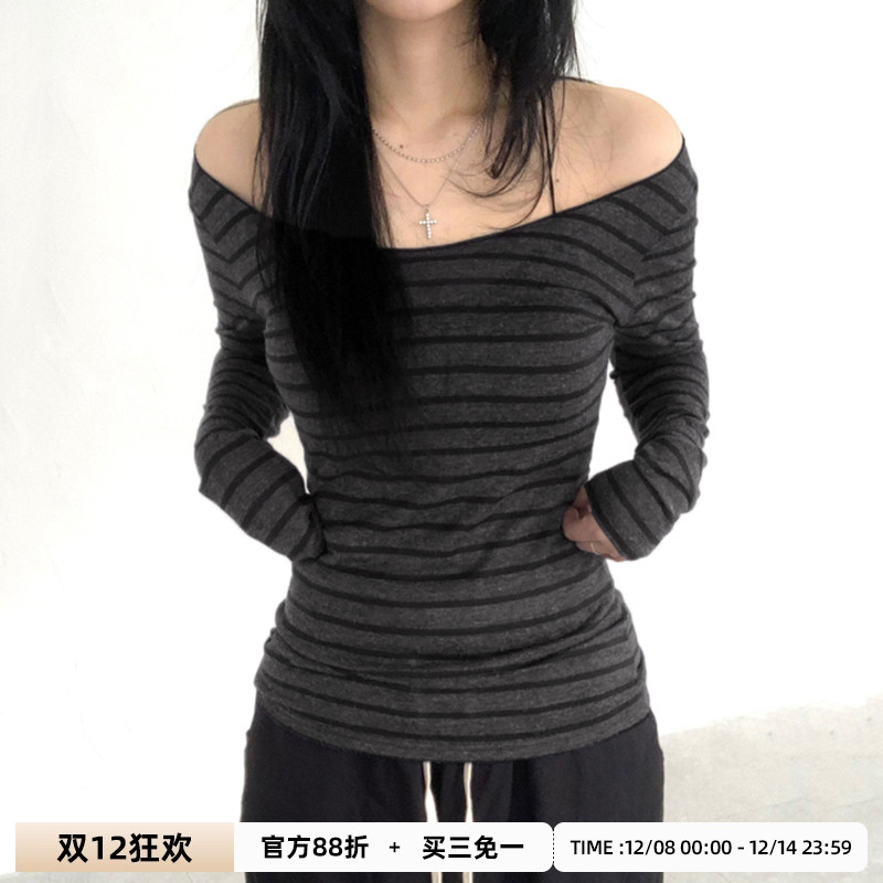 SWEETOWN韩系ins风氛围感条纹拼接露肩上衣显瘦千禧辣妹长袖T恤秋