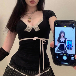 SWEETOWN日系少女 蕾丝花边上衣 甜辣妹蝴蝶结拼色短袖 T恤法式