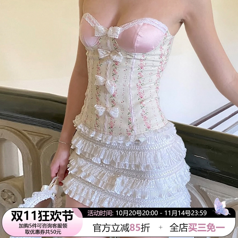 SWEETOWN花仙子#法式度假风蕾丝边抹胸上衣小众清新印花胸型背心