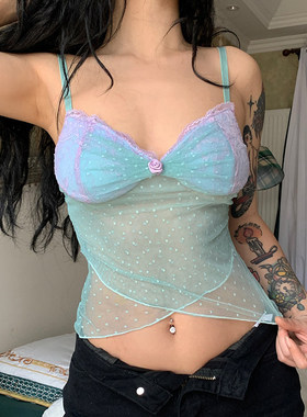 SWEETOWN意形美人鱼波点撞色胸型吊带网纱透视露背辣妹背心上衣夏