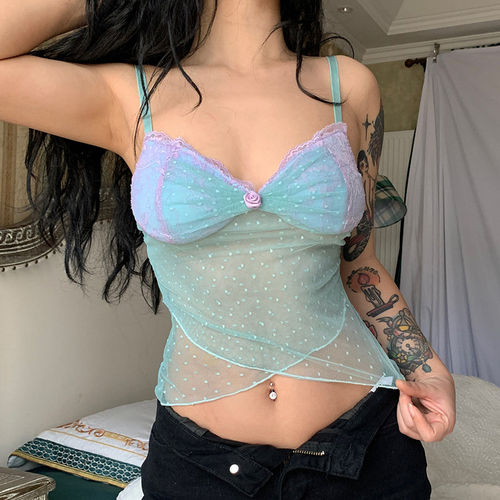 意形美人鱼波点撞色胸型吊带
