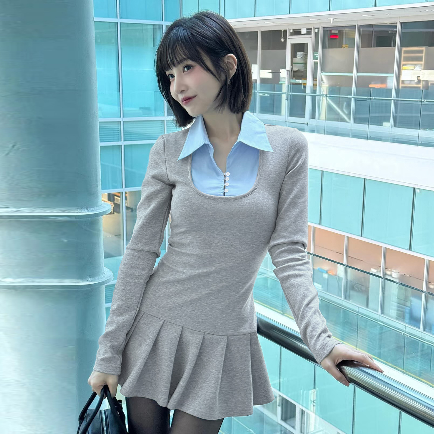 SWEETOWN韩系穿搭#学院风撞色衬衫领假两件连衣裙显瘦少女百褶裙