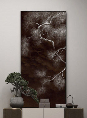 原创新中式玄关挂画侘寂雾松茶室民宿装饰画入户楼梯复古禅意雅致