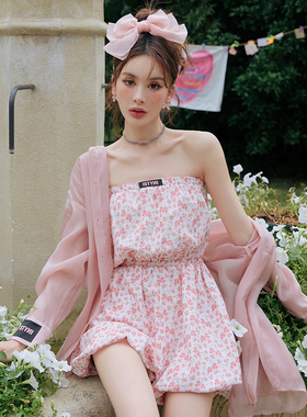 曹曦月肖燕同款ISTYNI抹胸连体裤短裤可爱甜美宽松裤子女小个子夏