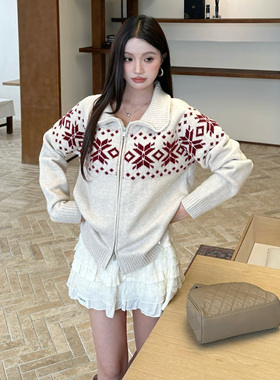 ICYNUDE 官方店红色勾花拉链针织外套女宽松显瘦休闲开衫上衣新款