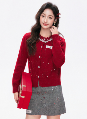 ICYNUDE官方店红色钉珠针织开衫甜美减龄气质时尚上衣女秋冬新款