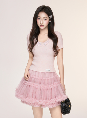 ICYNUDE官方店粉色钉珠针织上衣