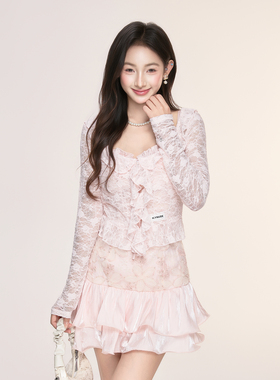 ICYNUDE官方店粉色荷叶边开衫时尚百搭甜美蕾丝长袖上衣女新款
