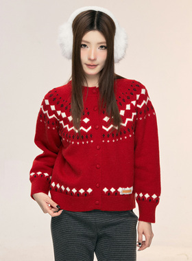 ISTYNI官方店红色图案针织开衫甜美减龄时尚气质毛衣女秋冬新款