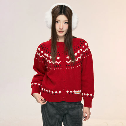 ISTYNI官方店红色图案针织开衫甜美减龄时尚气质毛衣女秋冬新款