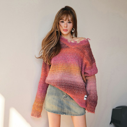 王紫薇同款ICYNUDE美拉德做旧感毛衣慵懒风宽松针织上衣女新款