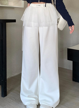 ICYNUDE官方店白色网纱拼接休闲裤高腰显瘦阔腿裤女时尚裤子新款