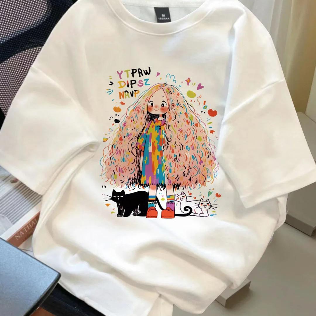2025年夏季新款纯棉潮牌宽松短袖T恤女少女学生白色上衣涂鸦女孩