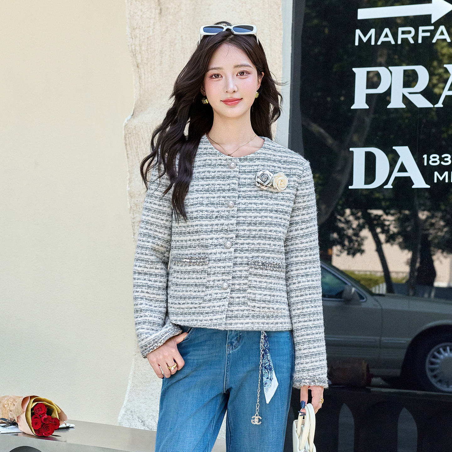 雅美瑞女装美丽衣橱专柜正品2025新款她之蝶亮片点缀条纹外套