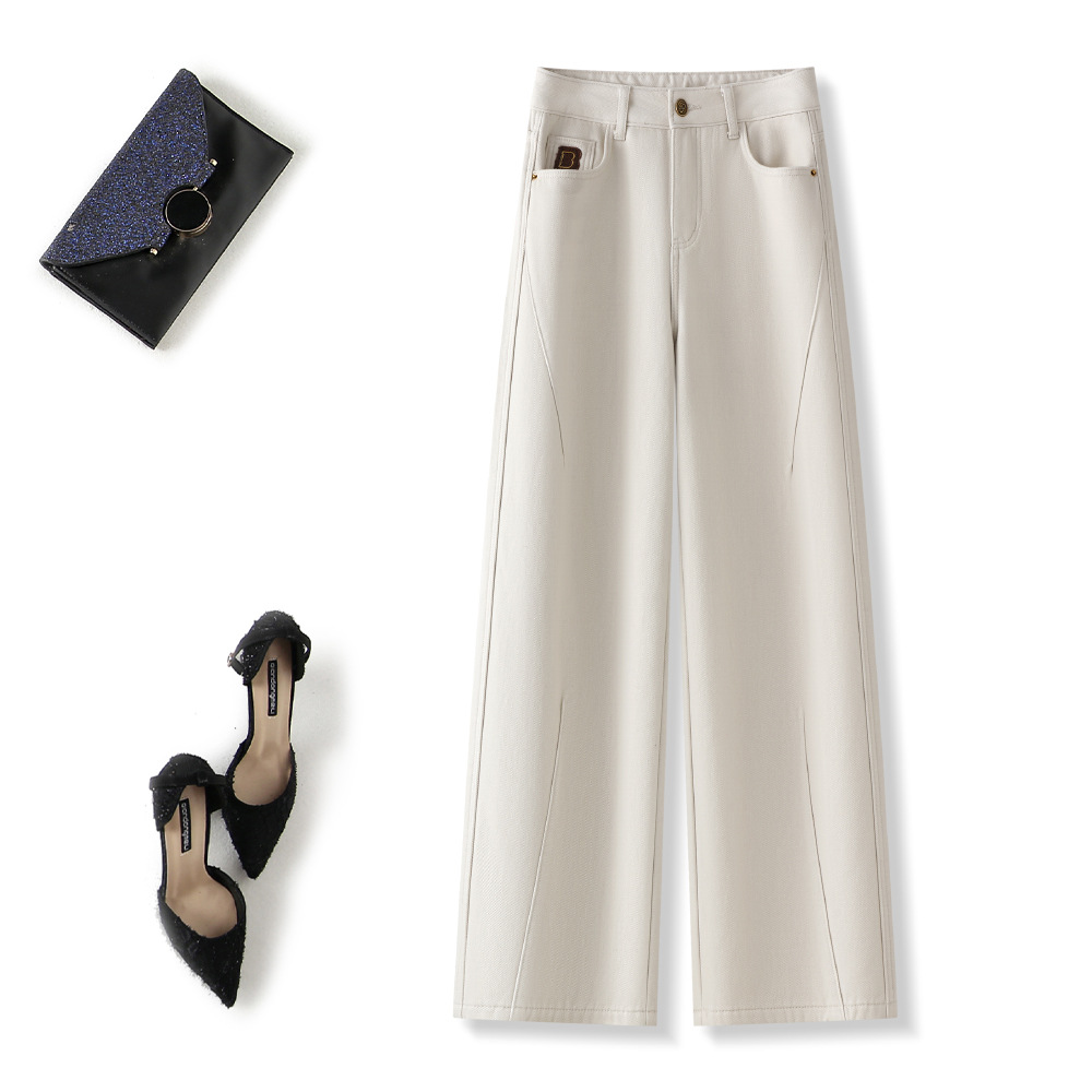 韩序官方正品苏昔2025新款女裤显瘦加绒加厚米白色直筒牛仔裤