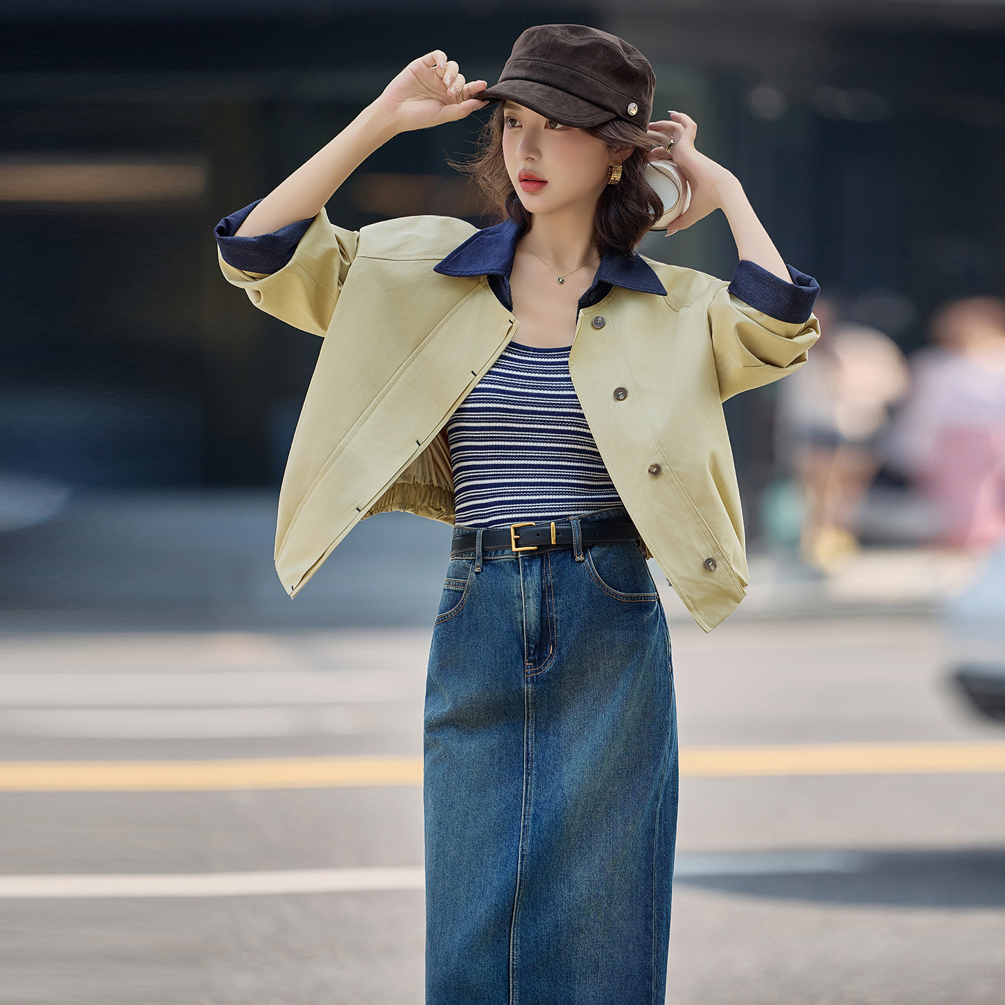 村上春美丽衣橱女装2025新款撞色翻领宽松休闲百搭夹克上衣