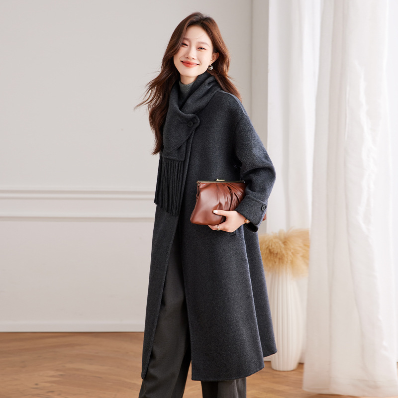 品牌苏昔然彩女装2025新款大码时尚可拆卸流苏围巾双面羊毛外套