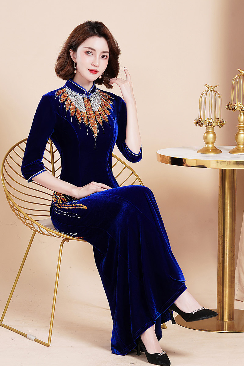 2022新款妈妈婚宴服装长款高贵鱼尾旗袍参加婚礼喜婆婆连衣裙洋气