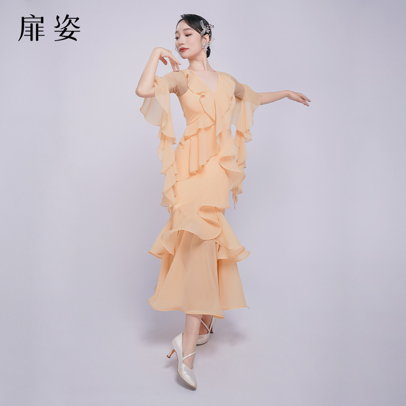 扉姿摩登舞交誼舞連衣裙荷葉新款