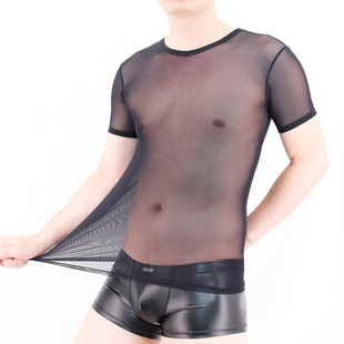 男士全透明短袖男上衣超薄网纱T恤性感内衣塑身紧身衣 打底透视