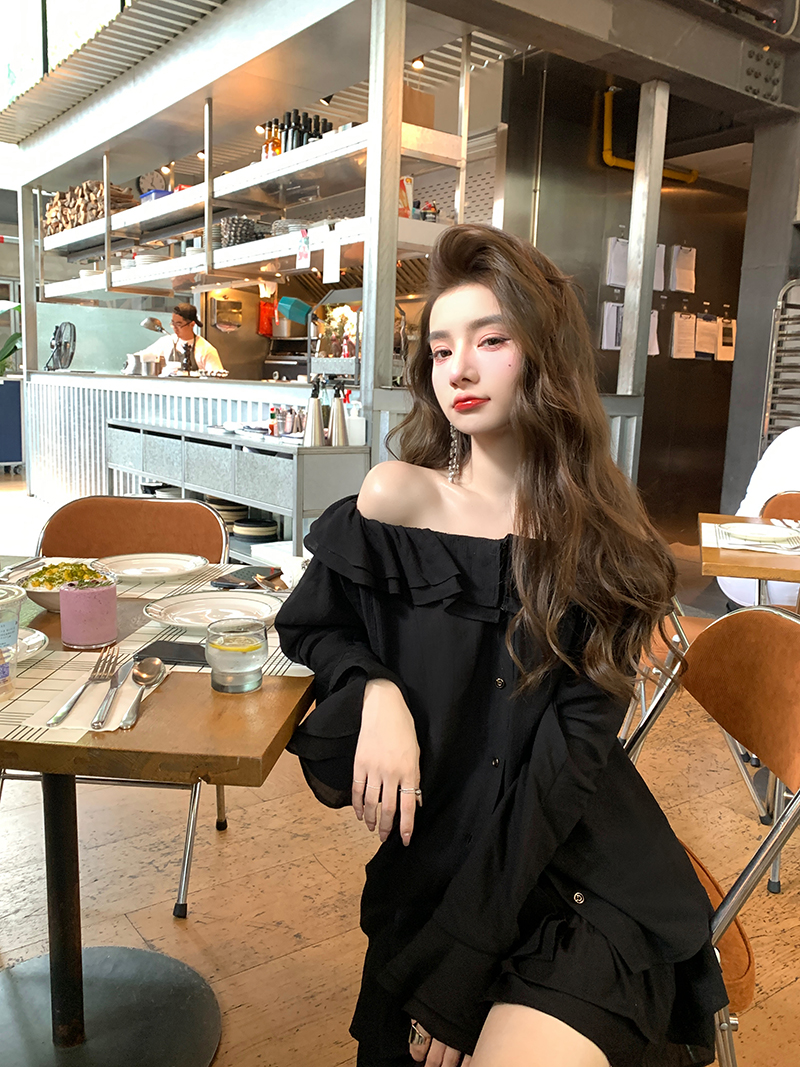 荷叶边法式衬衫女蛋糕裙两件套