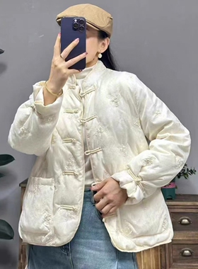 飒洒大码68211#新中式复古刺绣羽绒棉服女中国风对襟盘扣