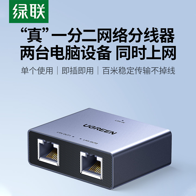 绿联网线一分二分线器同时上网千百兆分转对接头网络口宽带一拖二