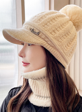兔毛帽子女秋冬季时尚洋气加绒保暖毛线帽冬天骑车护耳鸭舌针织帽