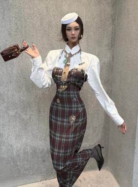 学院风mss studio小众印花格子垫肩长袖可爱长款收腰连衣裙