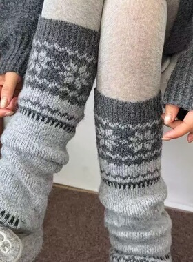 秋冬北欧复古袜套堆堆袜女灰色针织显瘦腿套费尔岛小腿袜雪地靴袜