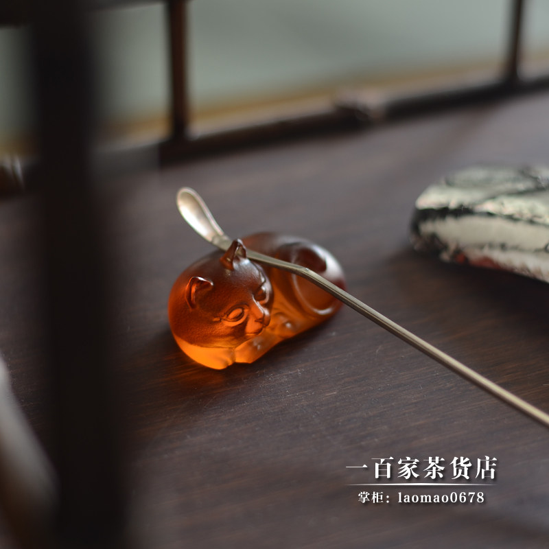 梁明毓 古法脱蜡  肥肥猫 琉璃艺术 茶枕 茶针茶匙架茶饰趣味摆件