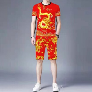 中国龙年本命套装民族风爆款帅气潮男高级3D印花短袖短裤休闲服T