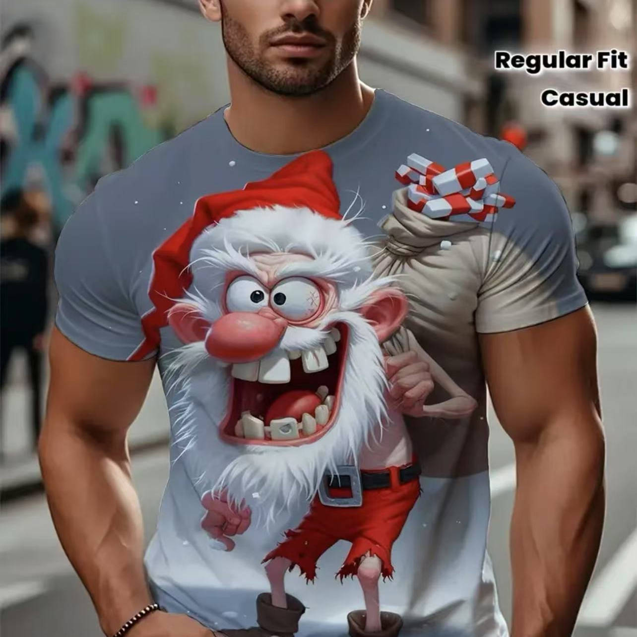 3D数码印花短袖T恤男夏季个性创意宽松休闲街头潮流上衣圣诞老人