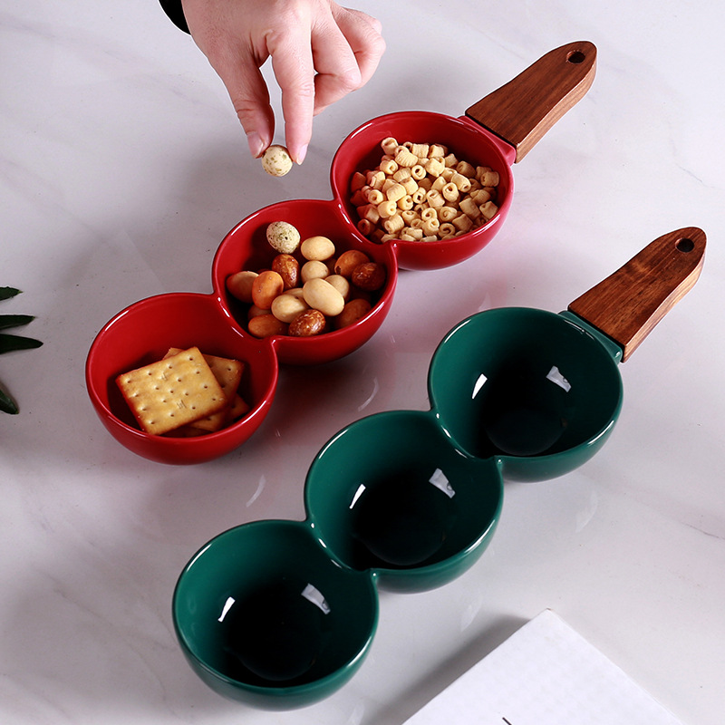 欧式分格干果盘子高级感带木柄客厅新年零食盘瓜子糖果坚果盘