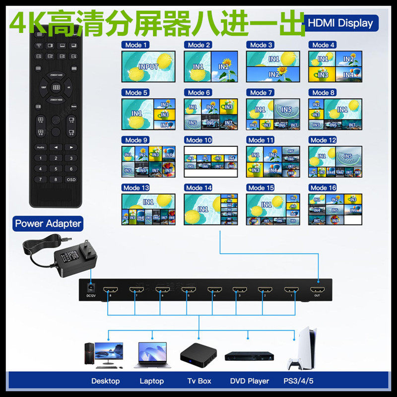 4K高清分屏器八进一出8口画面分割器HD无缝切换器八画面同时显示