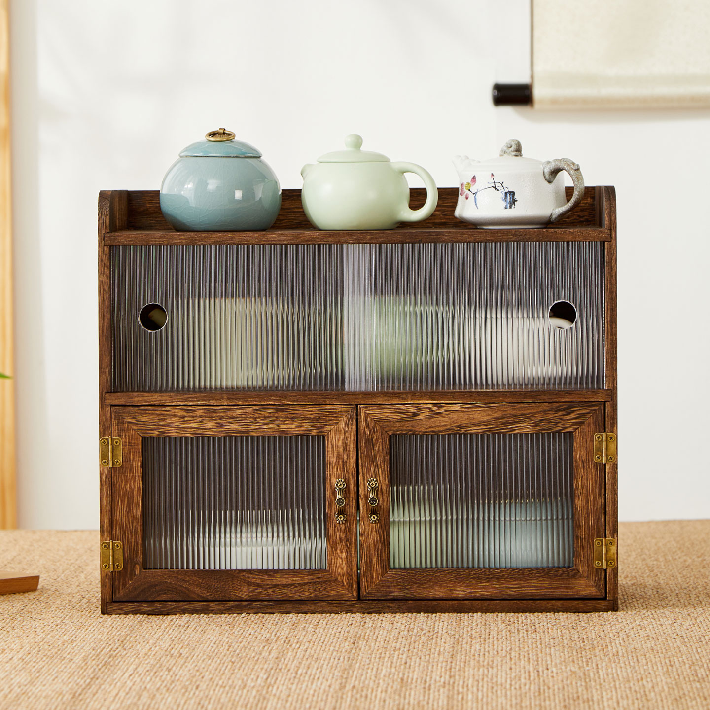 实木防尘收纳盒桌面茶杯架收纳柜