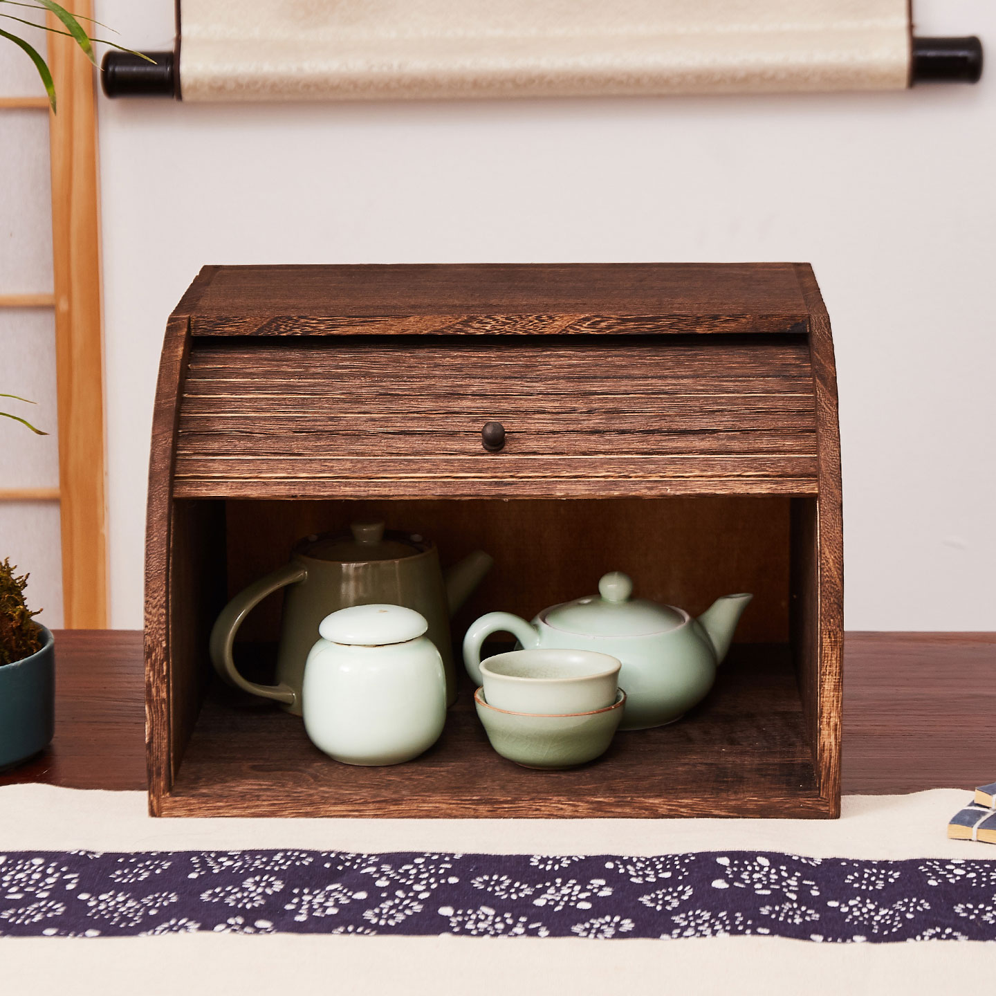 憨娃复古中式拉帘门收纳盒茶柜