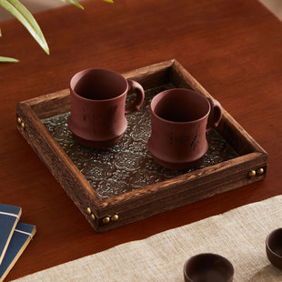 实木海棠压花玻璃托盘蛋糕点心餐盘家用放茶杯茶具茶盘杯子长杯托