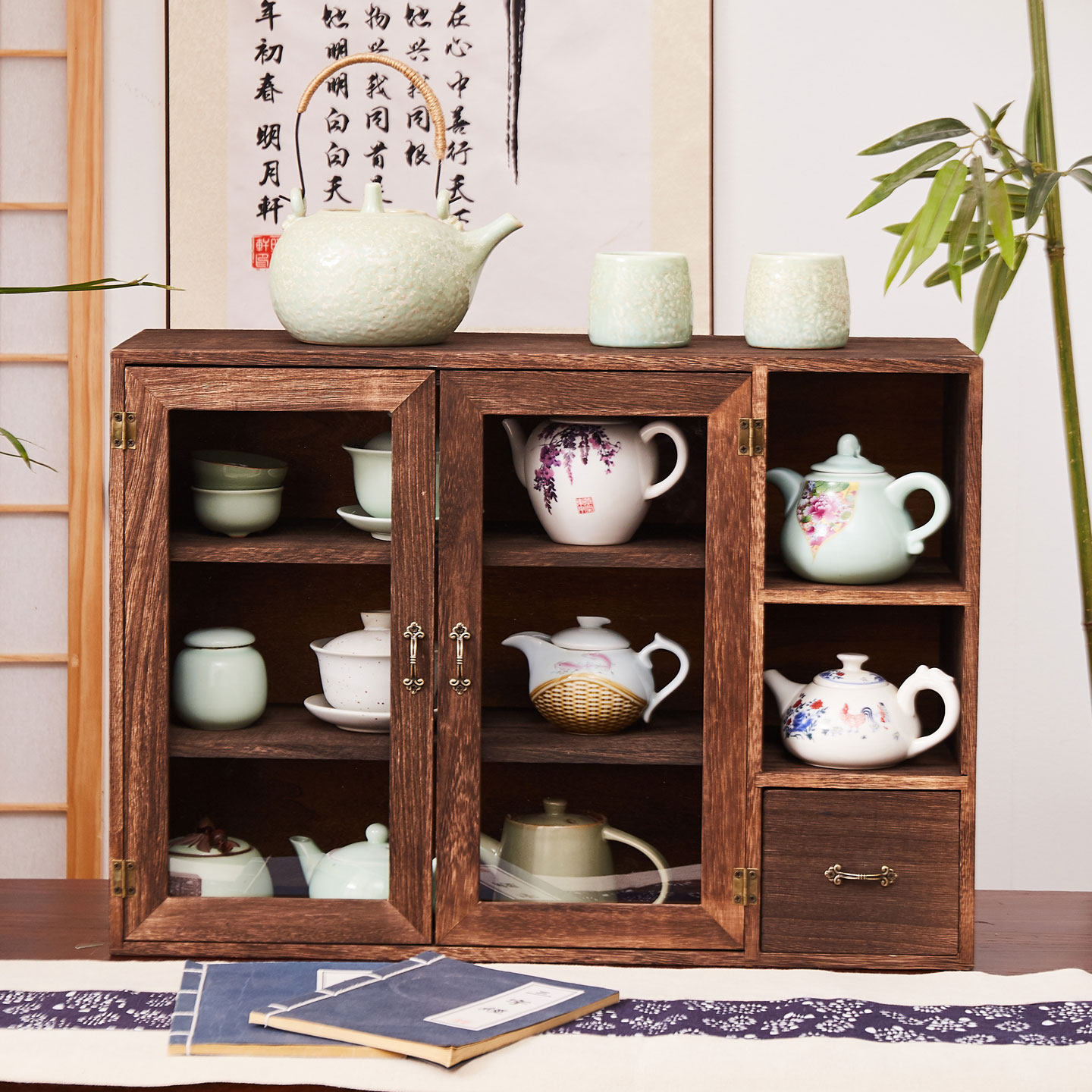 实木茶具防尘置物架茶杯收纳柜茶壶桌面化妆品收纳架博古架展示柜
