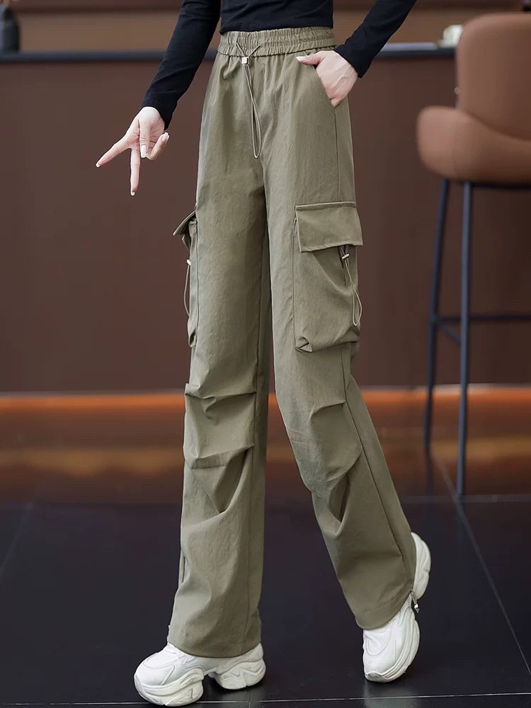 工装裤子女春秋季2025新款高腰显瘦女裤宽松休闲松紧腰直筒长裤