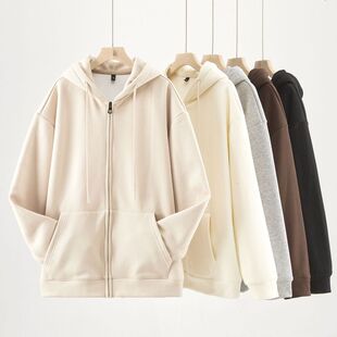 500g重磅秋冬加厚银狐绒连帽拉链卫衣女潮牌oversize落肩加绒外套