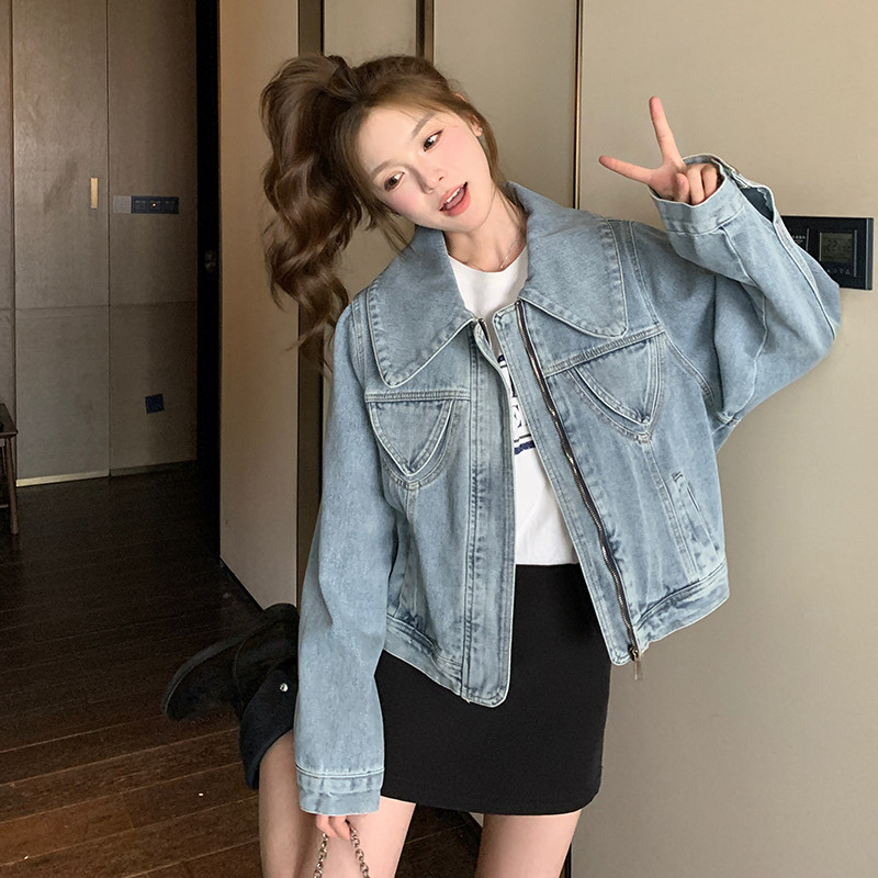 厚款春秋短外套春季大码荷叶边牛仔外套常规通勤女小个子长袖短款,女装短外套,2C268