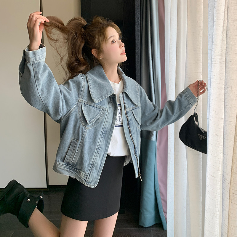 厚款春秋短外套春季大码荷叶边牛仔外套常规通勤女小个子长袖短款,女装短外套,2C268