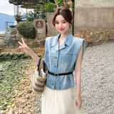 度假风气质穿搭牛仔无袖套装女夏超火好看高级感网纱半身裙两件套，女装套装/套裙，2C268