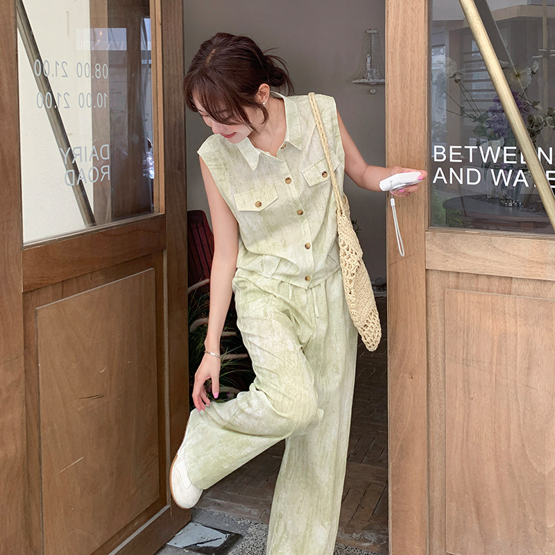 夏季新款绿色扎染时尚套装女2025年休闲两件套A559P155K218,女装套装/套裙,2C268