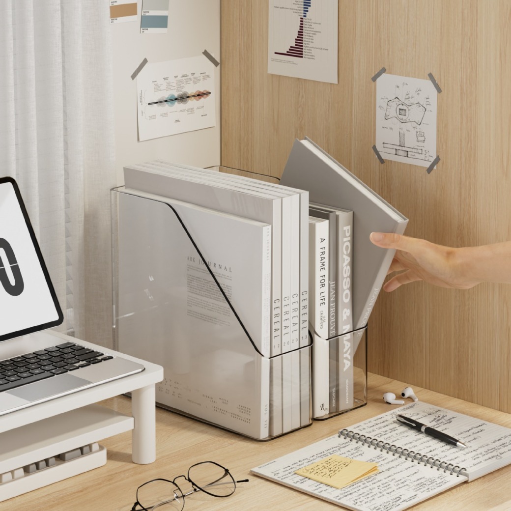 森屿 日式桌面文件收纳盒 宿舍桌面文具书立架透明塑料大容量