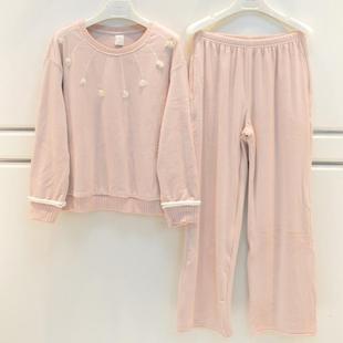 雪尔绵睡衣秋冬女士海岛绒素色甜美薄绒保暖圆领休闲气质家居服