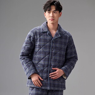 安之伴睡衣冬季男士梭织磨毛格子帅气青年三层夹棉加厚保暖家居服